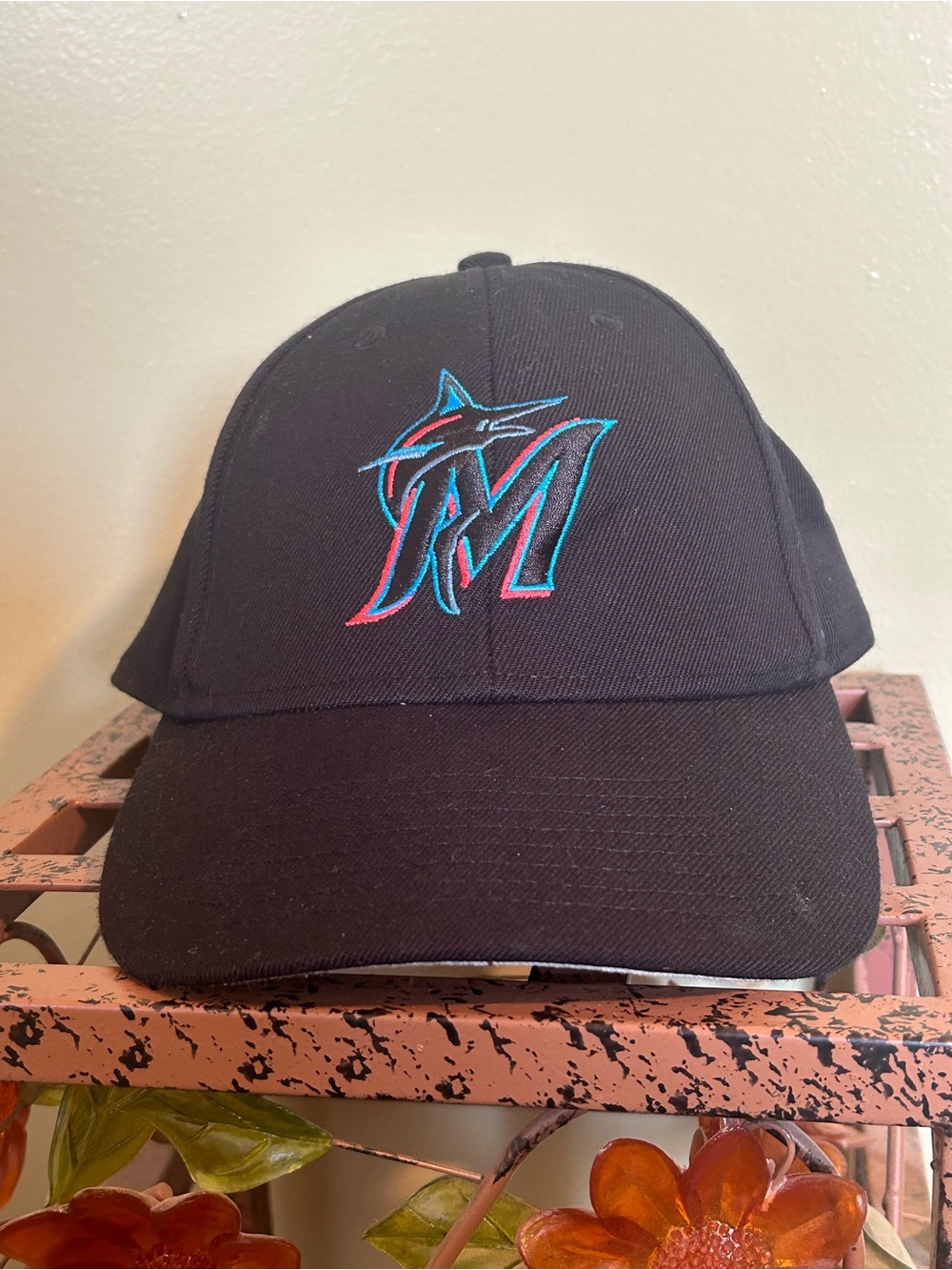47 Brand Miami Marlins Black Clean Up Hat Adjustable Cap Script Strap OSFA